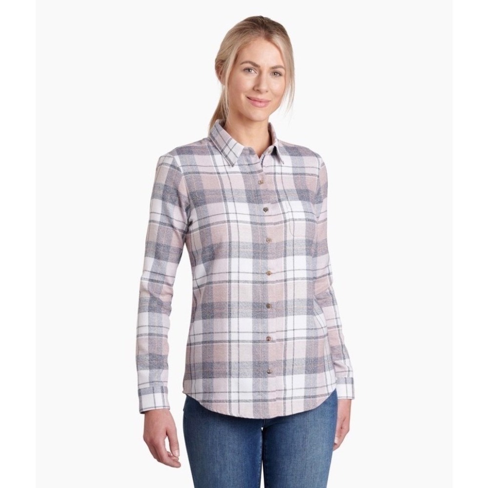 Kuhl Kamila Flannel Shirt Womens Size M Pink Grey Plaid Softcore Hiking Outdoors